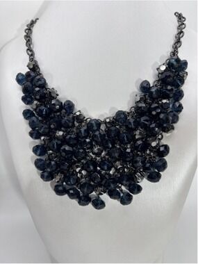 Necklace Blue Glass Beaded Bib Statement Gunmetal Chain Fashion Womens Jewelry